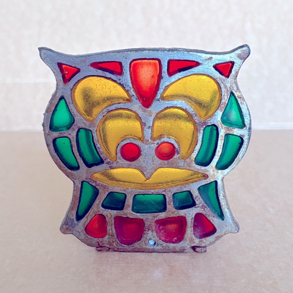 Vintage Owl Stain Glass Cast Iron Letter Holder Stamped Taiwan Napkin Holder